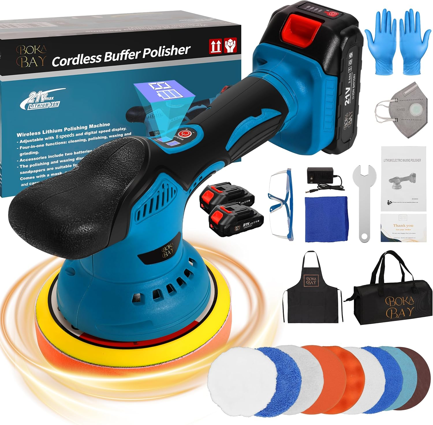Cordless Car Buffer Polisher Kit 6 Inch with 21V 2X2000Mah & 9 Pcs Attachments,