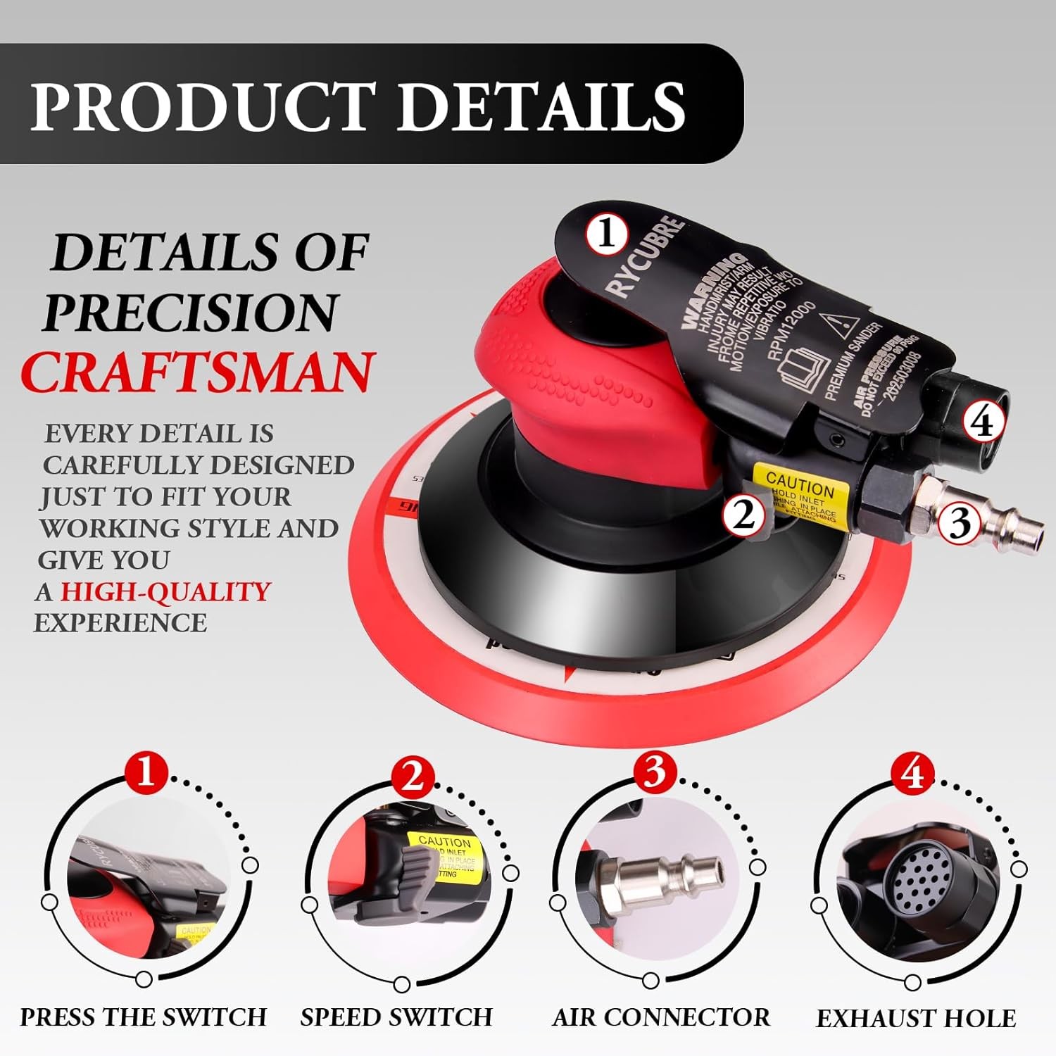 Pneumatic Air Sander 5/6 Inch DA Palm Sander for Auto Body, High Speed Random Or - Image 3