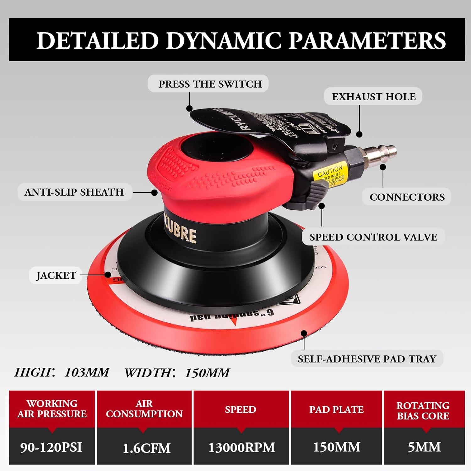 Pneumatic Air Sander 5/6 Inch DA Palm Sander for Auto Body, High Speed Random Or - Image 4