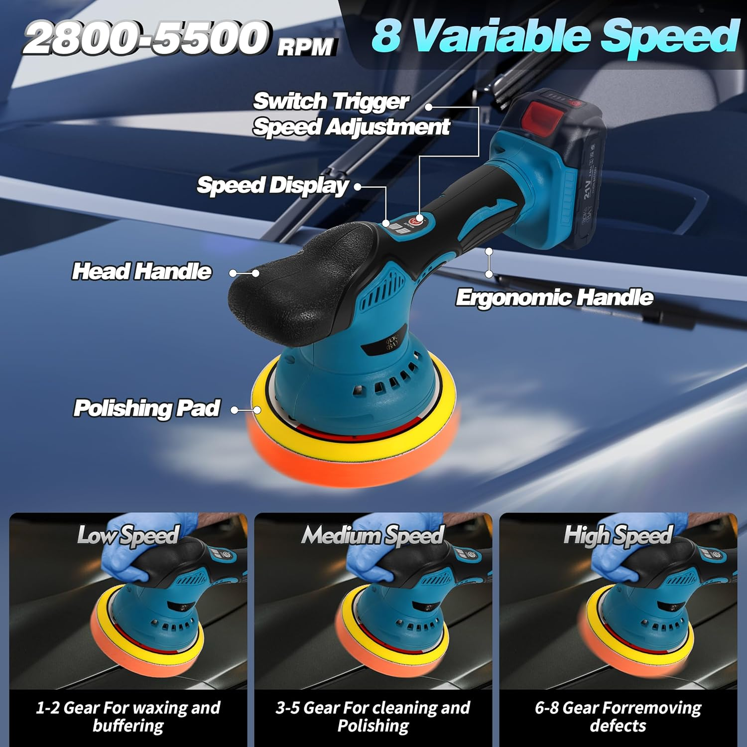 Cordless Car Buffer Polisher Kit 6 Inch with 21V 2X2000Mah & 9 Pcs Attachments, - Image 2