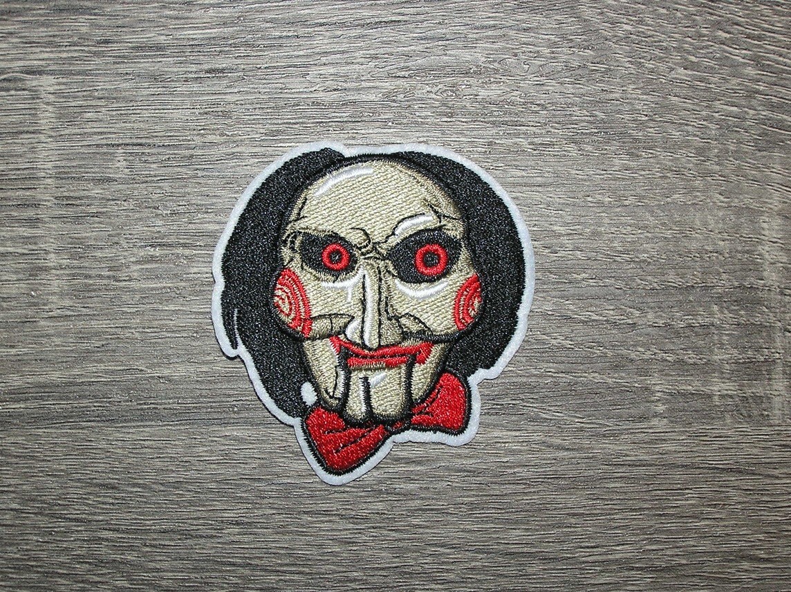 Saw Jigsaw Billy Puppet Mask Embroidered Iron On Patch 2.5" x 2.75"