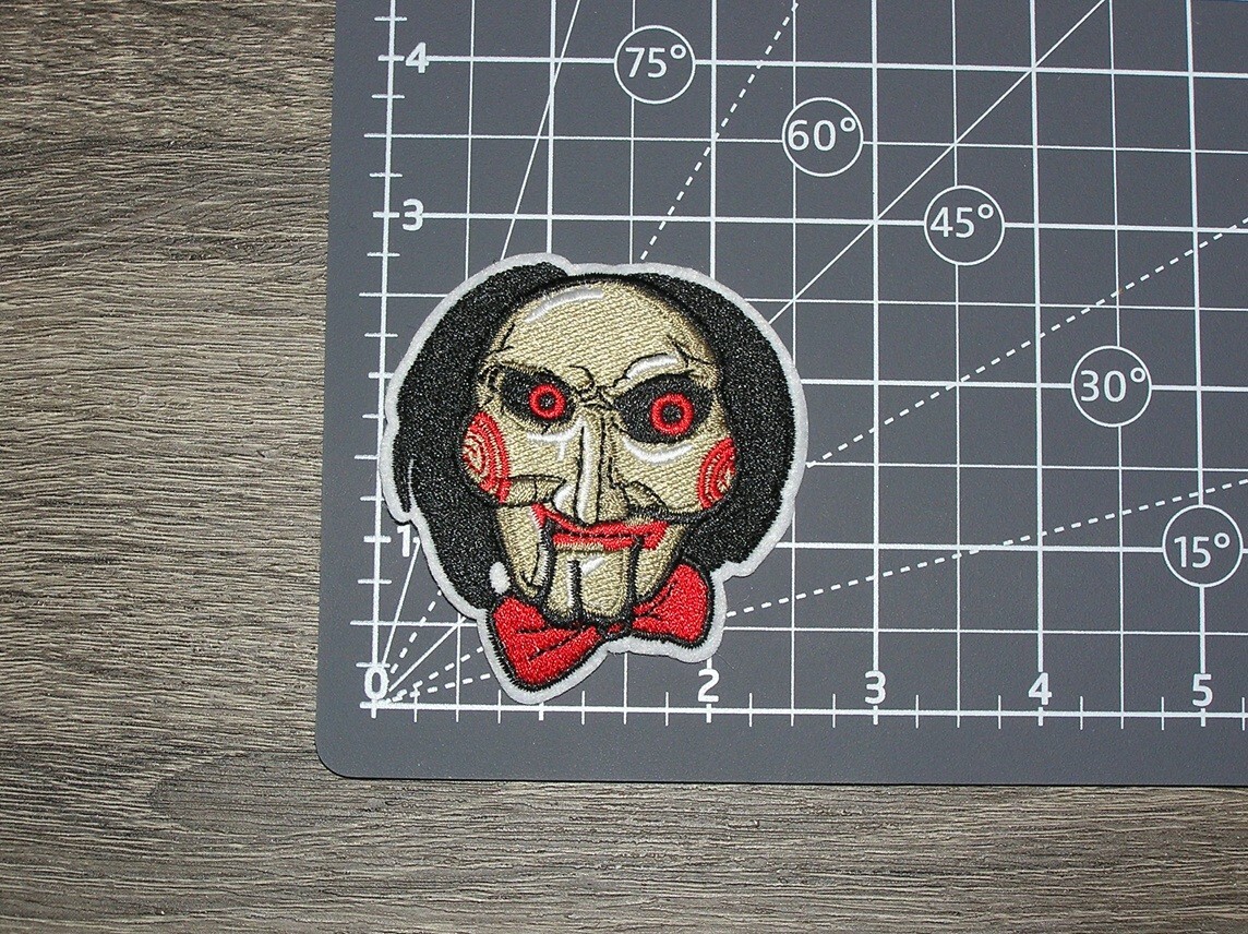 Saw Jigsaw Billy Puppet Mask Embroidered Iron On Patch 2.5" x 2.75" - Image 2