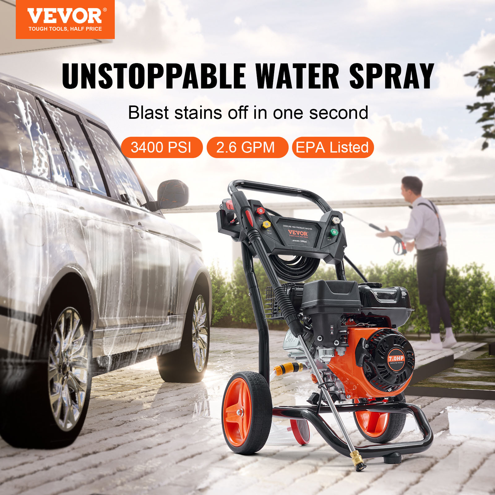 VEVOR Gas Pressure Washer Gas Powered Washer 3400 PSI 2.6 GPM 210cc 5 Nozzles - Image 2