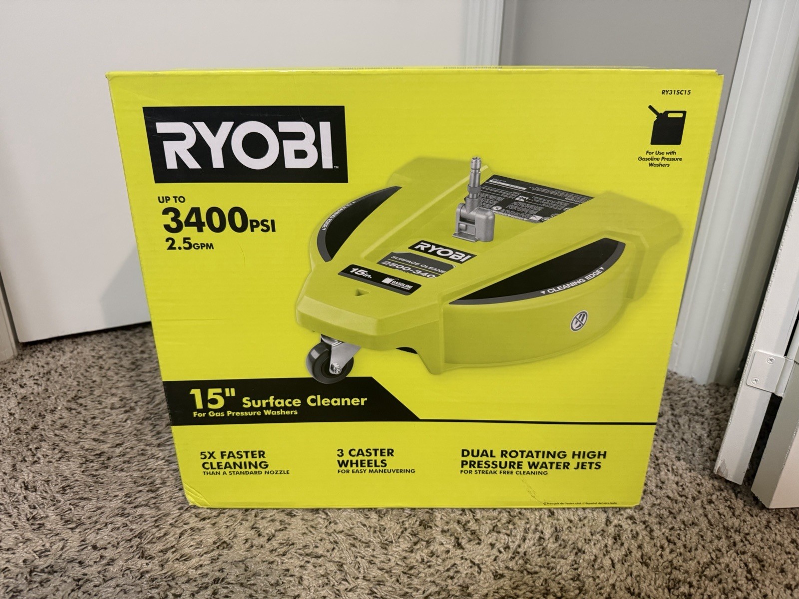RYOBI 15" 3400 PSI Gas Pressure Washer Surface Cleaner w/Caster Wheels RY31SC15