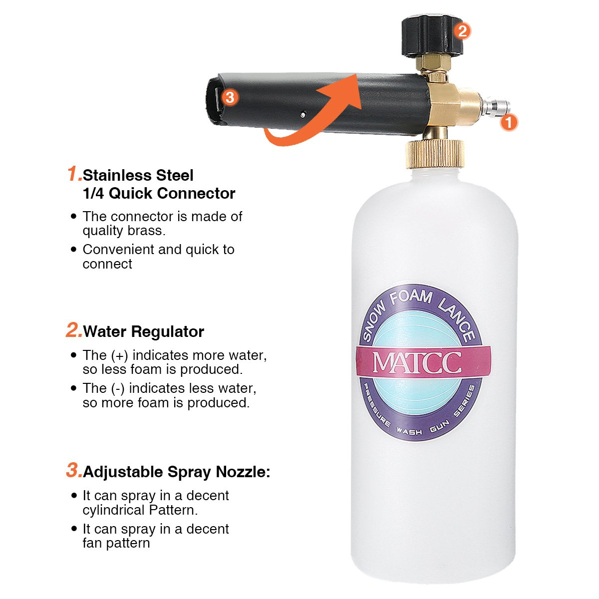 ✅New MATCC Adjustable Foam Cannon 33 fl oz 1 Liter Bottle Snow Foam Lance - Image 3