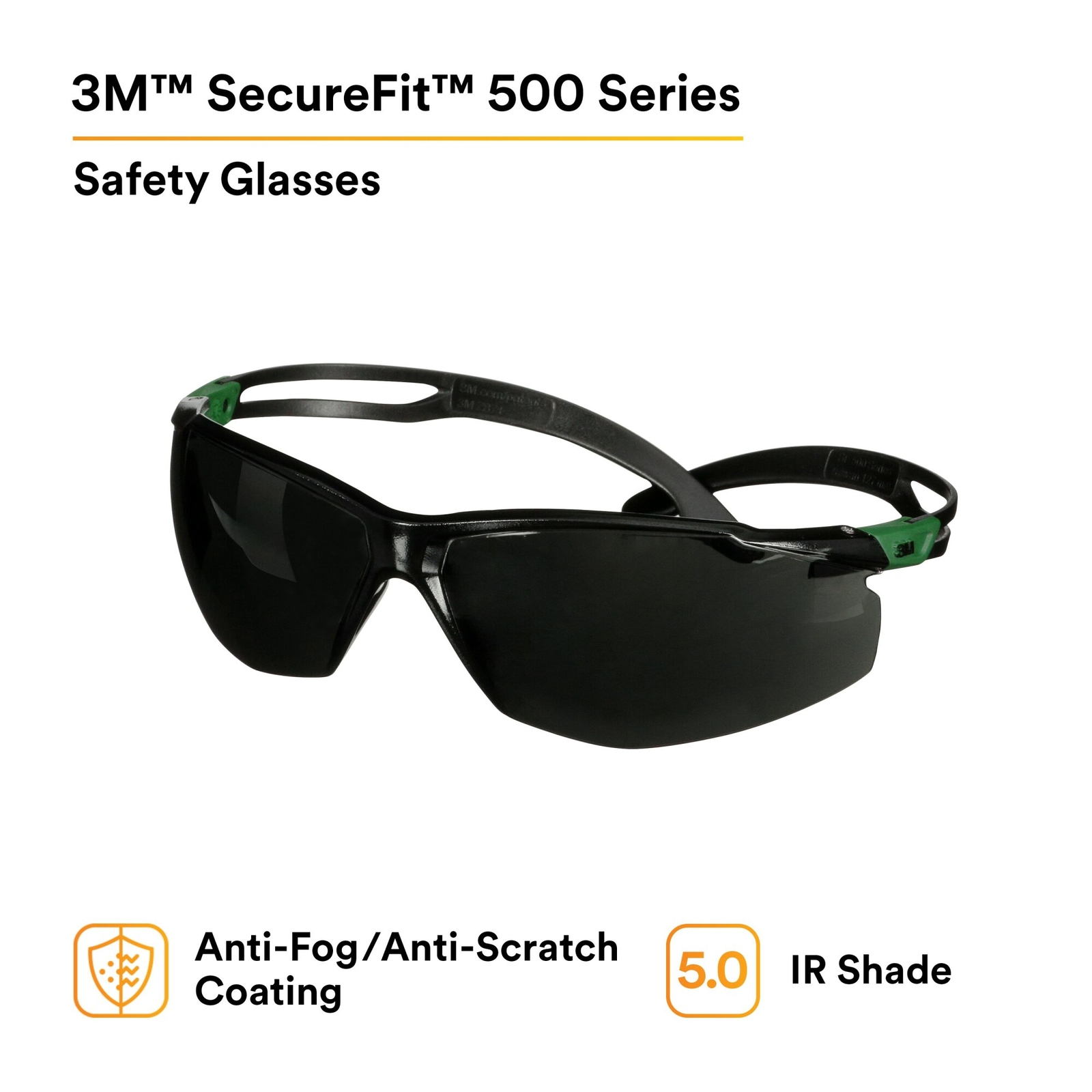 3M SecureFit 500 Series SF550AF-GRN, Black/Green, IR 5.0 Gray AF-AS Lens - Image 2