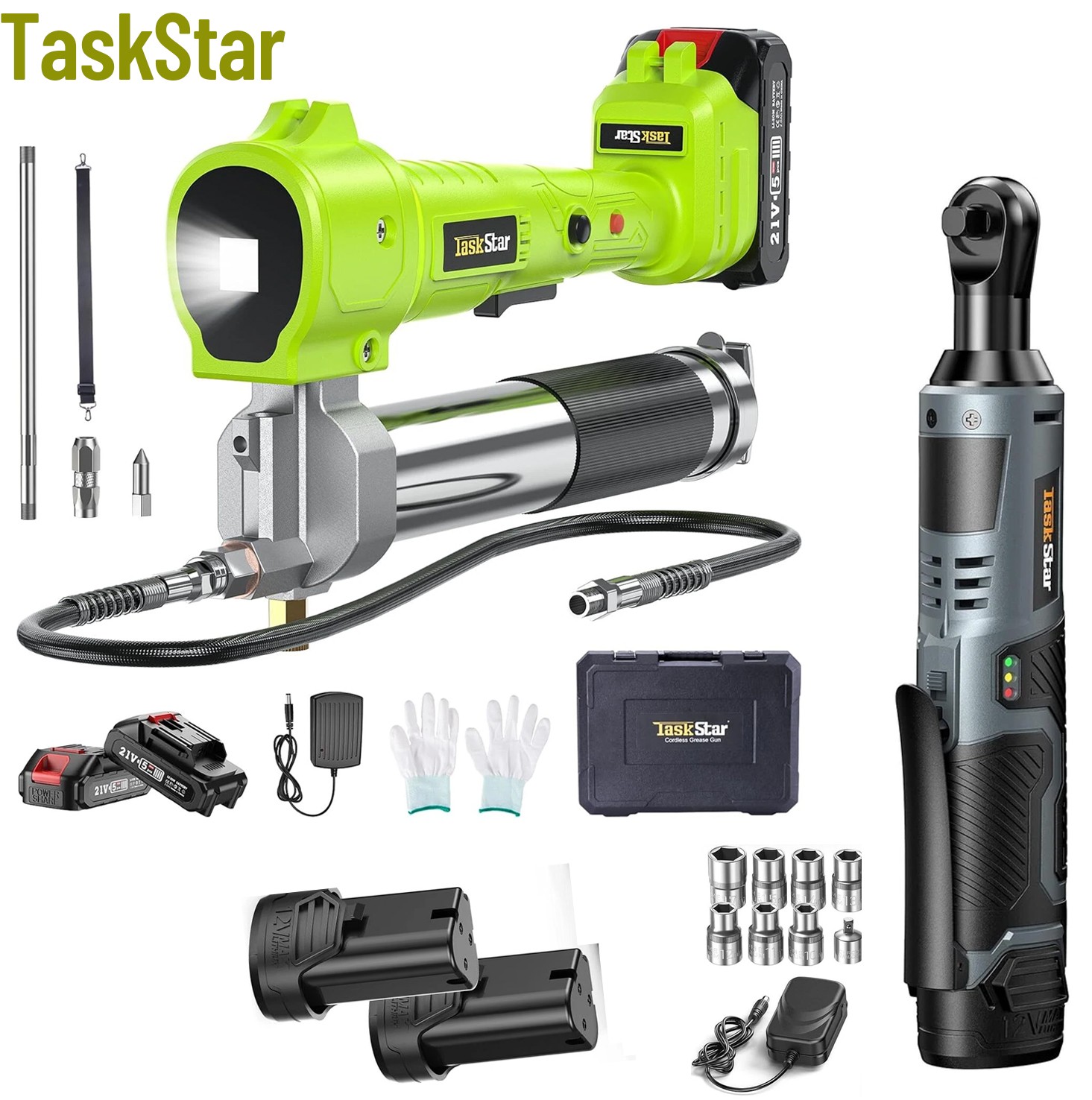 TaskStar Cordless Grease Gun 10000 PSI 39.4" Hose & 3/8" Electric Ratchet Set