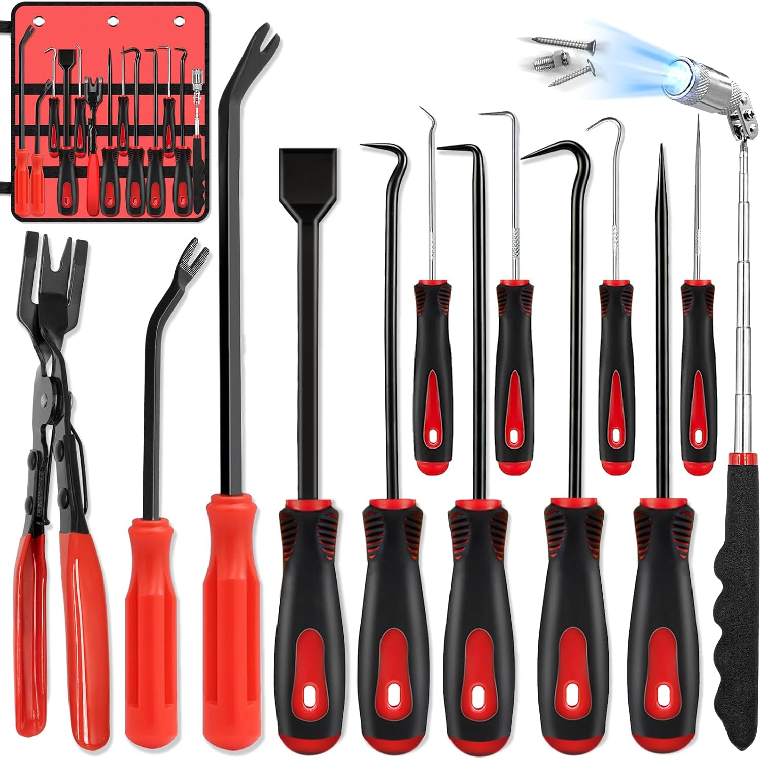 13 Pcs Precision Pick & Hook Set with Scraper Clip Pliers Fastener Remover & Mag