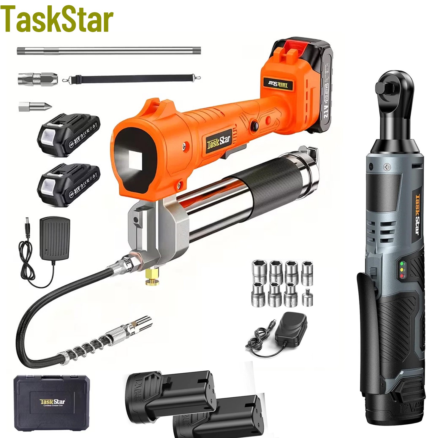 TaskStar 10000 PSI Cordless Grease Gun 1m Hose &3/8” Electric Ratchet Wrench Kit