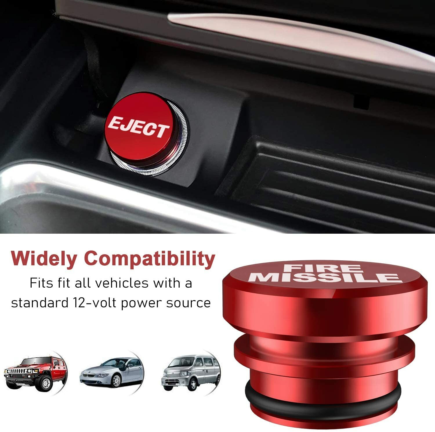 RED Universal Fire Missile + Eject Button Cigarette Lighter Plug Dustproof Cover - Image 4