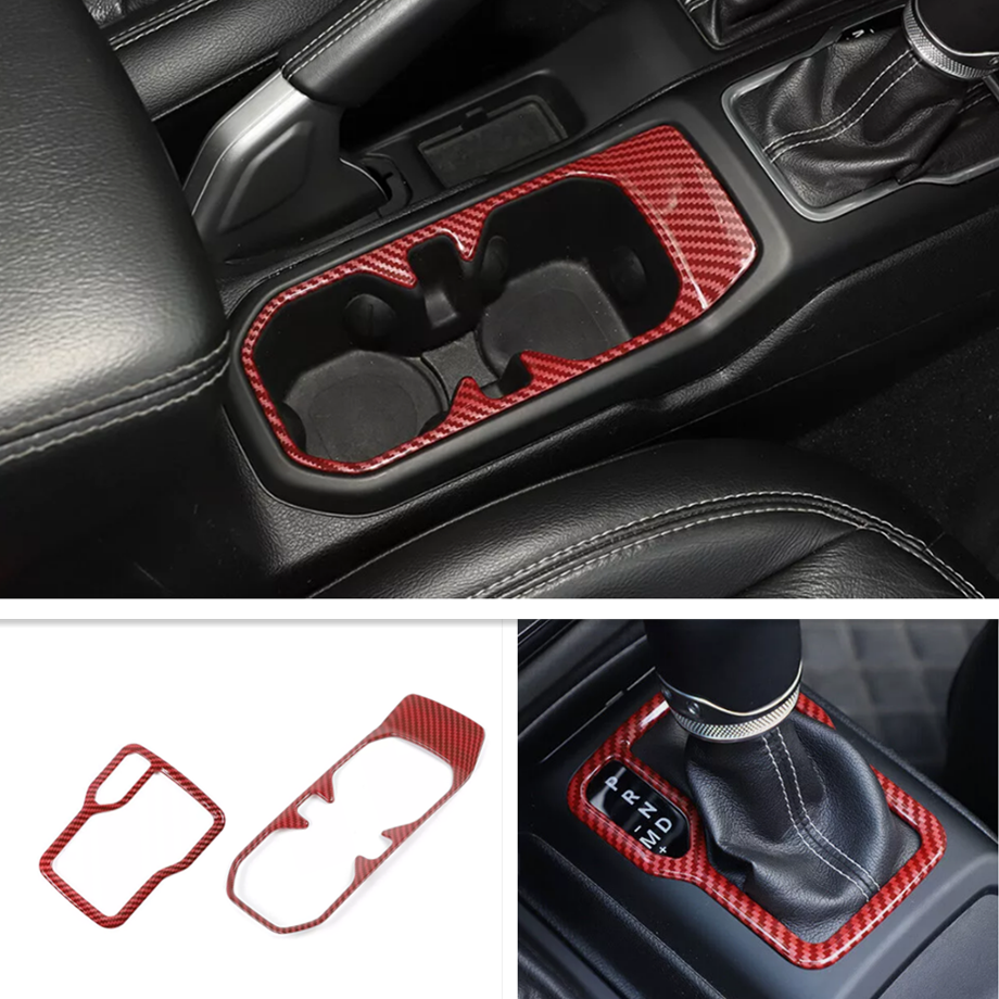 For Jeep Gladiator JT/JL 18-25 Red Carbon Fiber Gear Shift Cup Holder Cover Trim