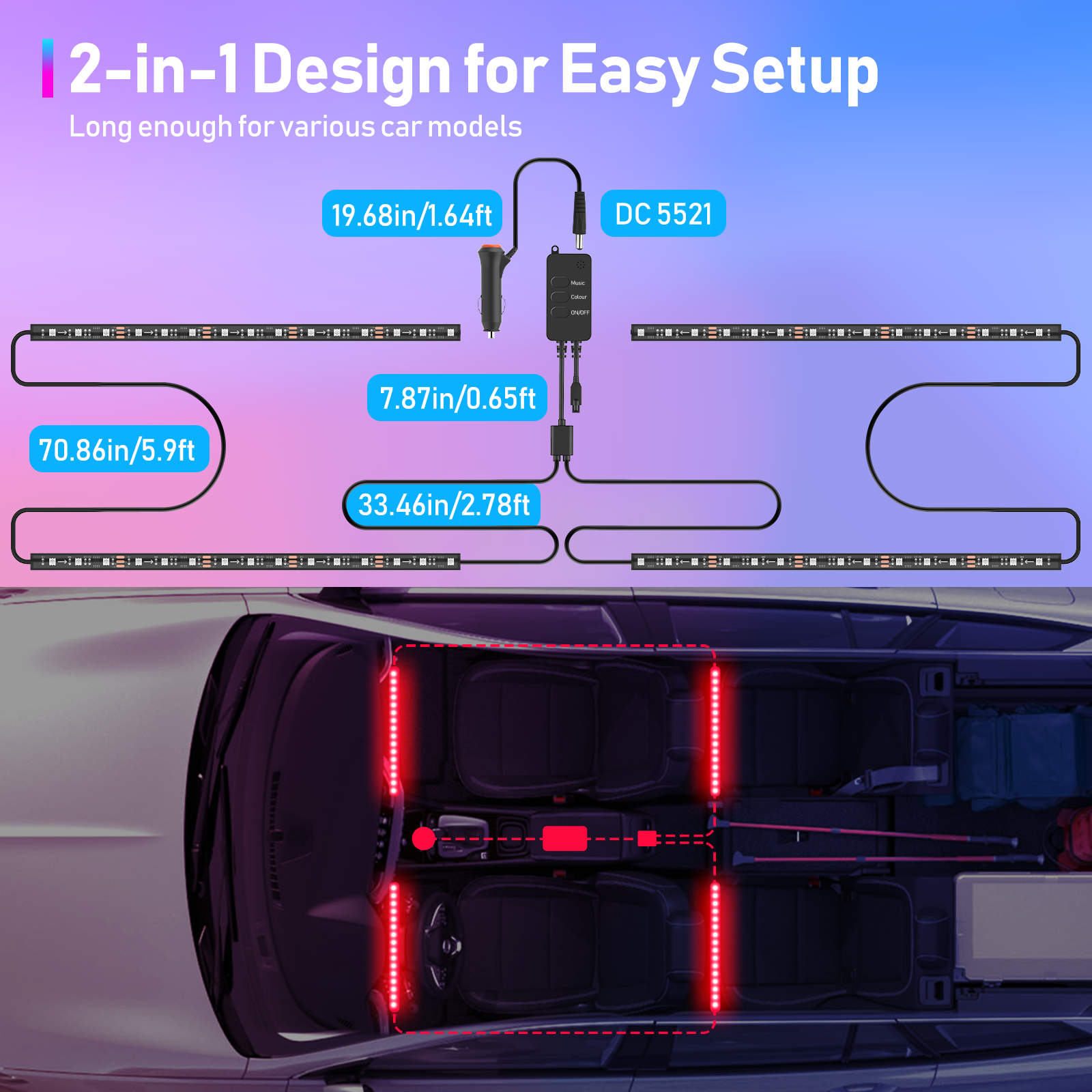 Smart App Controlled RGBIC LED Automotive Interior Light Strips - Image 4