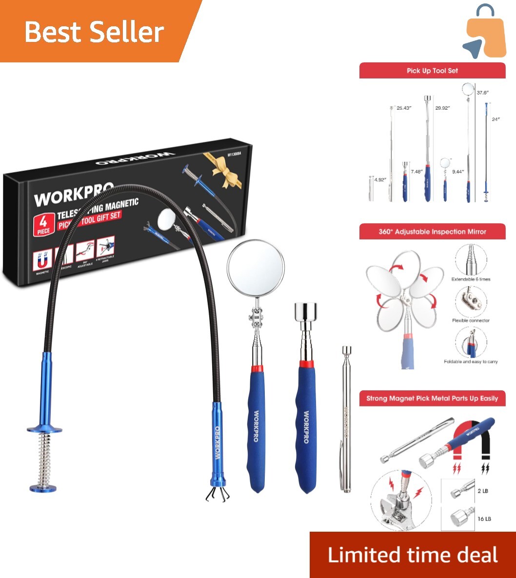 Ultimate 4-PC Magnetic Pickup and Grabber Tool Kit for Home and Automotive Use