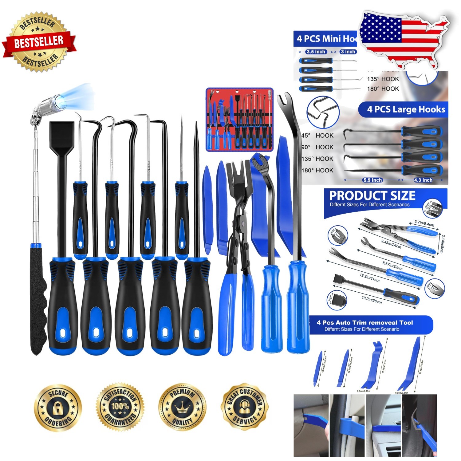 Pro 17 Pc Automotive Hook Pick Tool Kit Nylon Trim Removal Magnetic Pickup