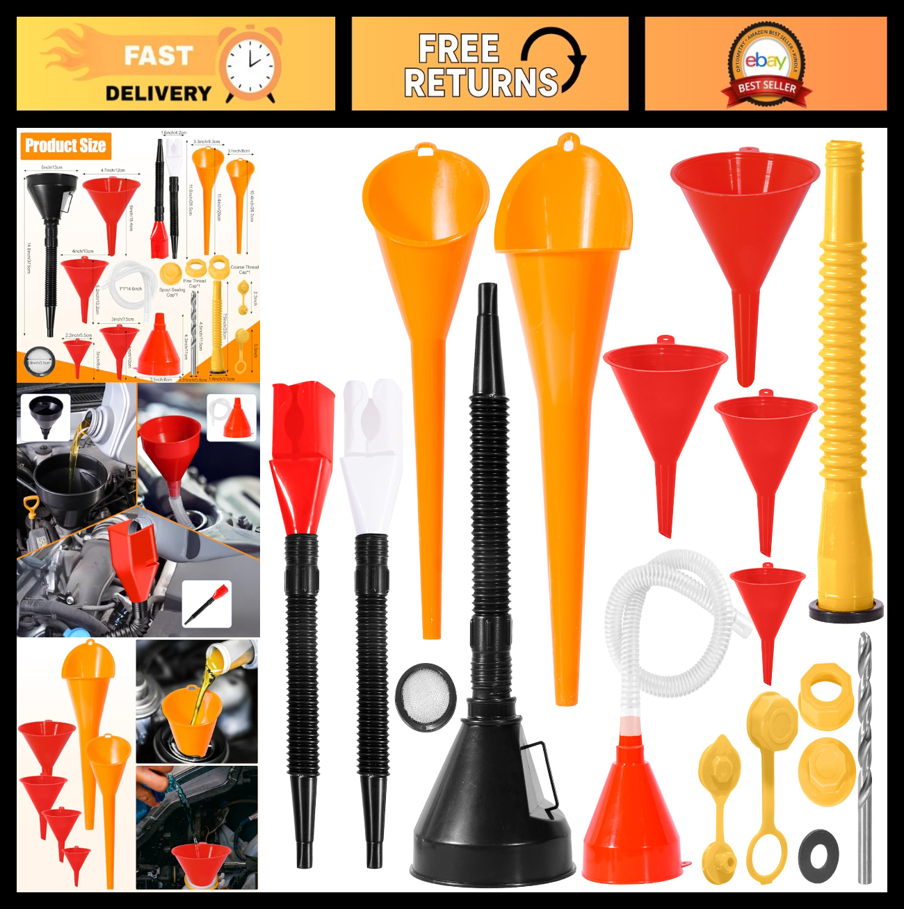 17 Pcs Automotive Funnel Set - Flexible Oil & Gas Funnels for Kitchen & Garage U