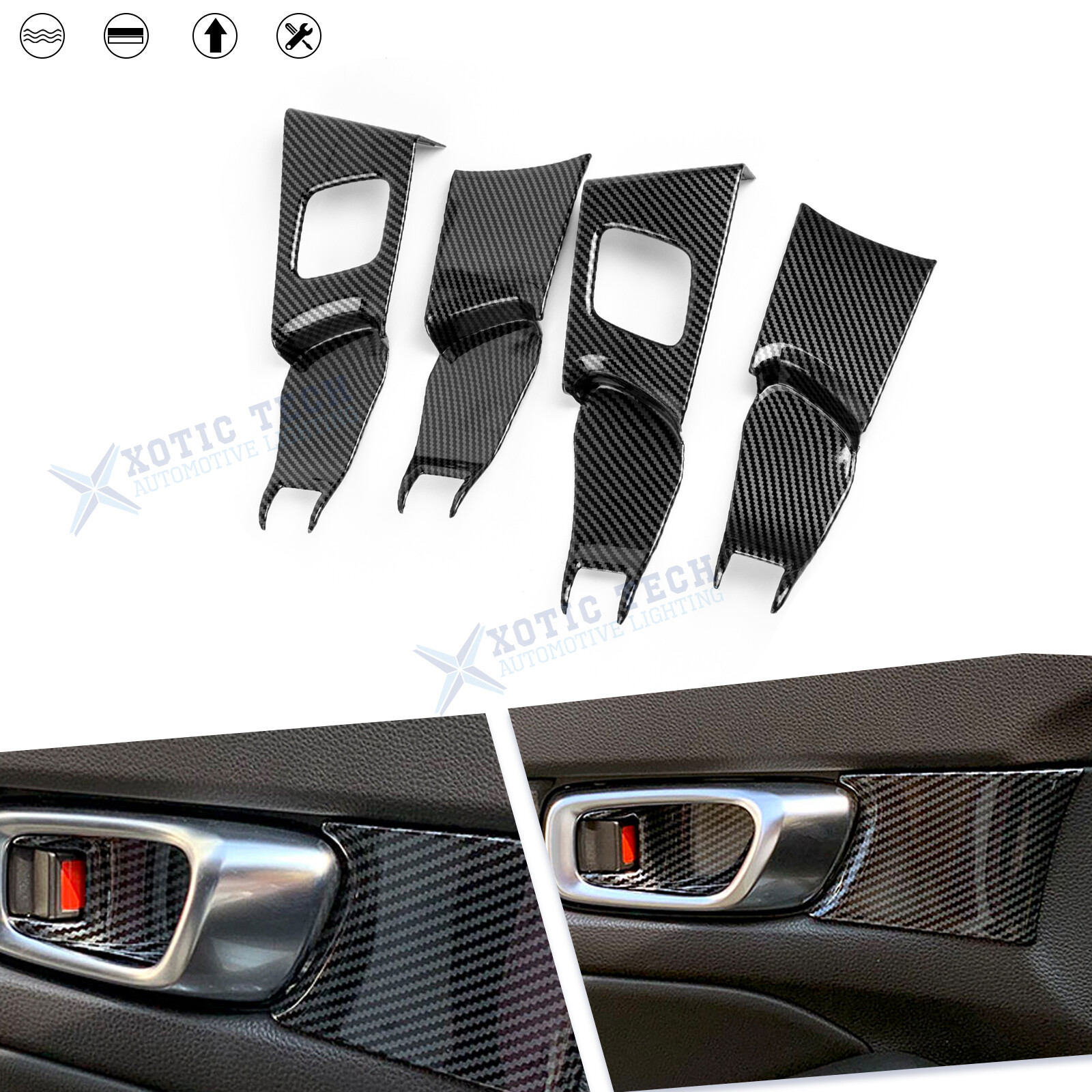 Set Interior Carbon Fiber Style Door Handle Bowl Panel For Honda Civic 11th Gen