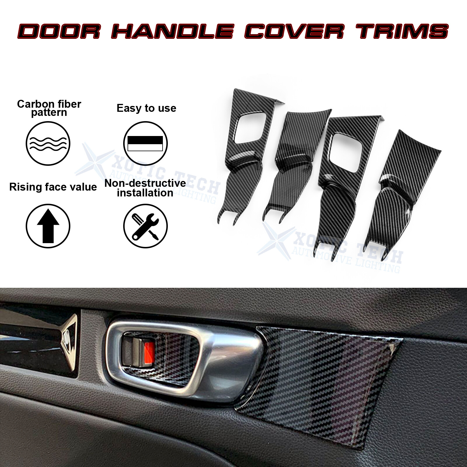 Set Interior Carbon Fiber Style Door Handle Bowl Panel For Honda Civic 11th Gen - Image 3