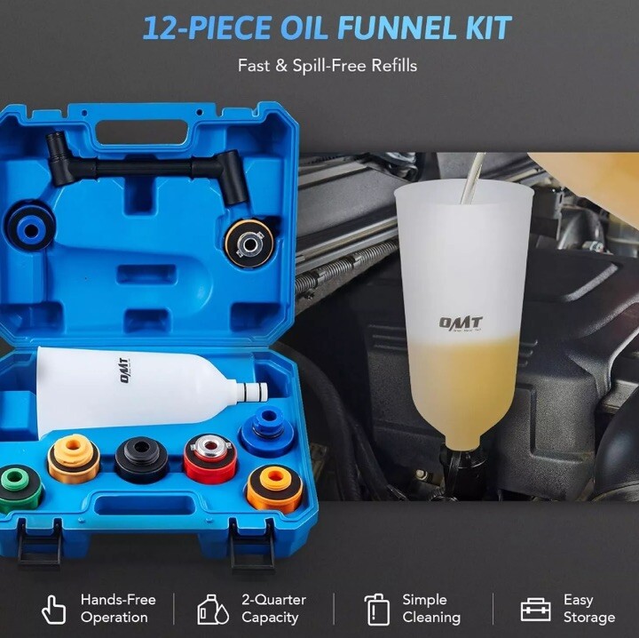 OMT Engine Oil Funnel 12 Piece Set, 2 qt Automotive Flexible Extension Funnel - Image 2