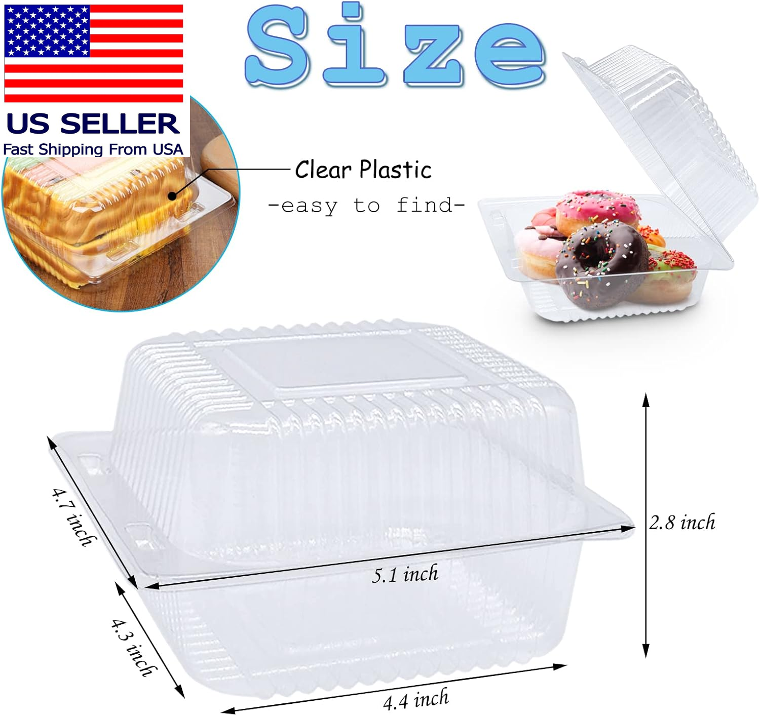 100 Pack Clear Plastic Take Out Container,Square Hinged Food Container,Dessert C - Image 2