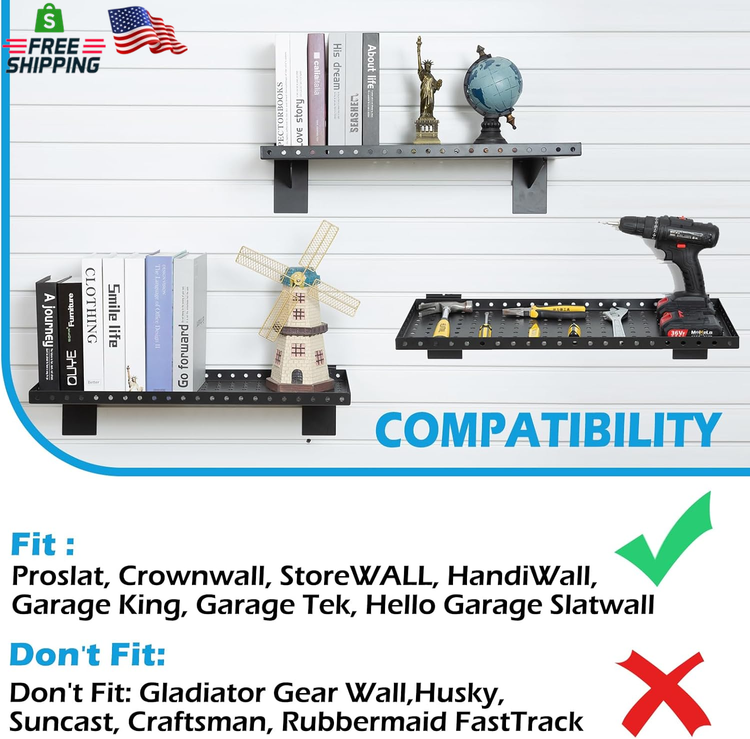 2 Pack 24 Inch Slatwall Shelves Heavy Duty Black Storage Garage Retail - Image 3
