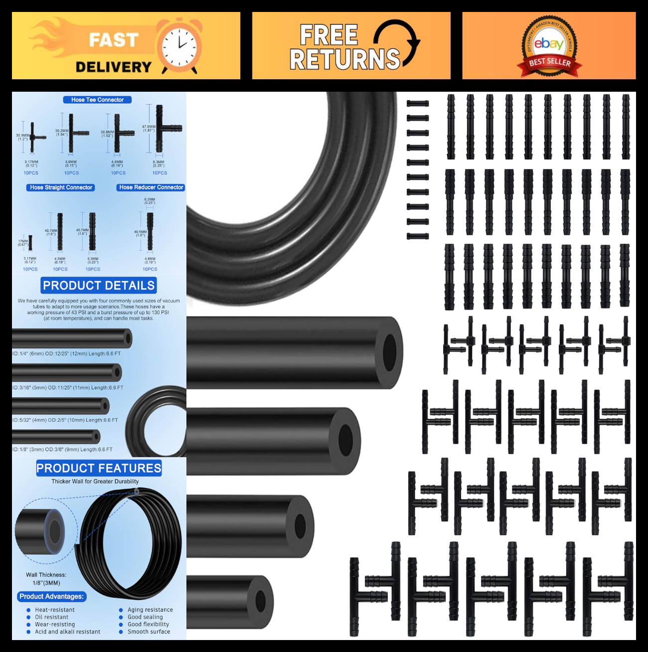 84 PCS Automotive Vacuum Hose Kit - 6.6FT Silicone Tubing & 80 Connectors, 1/4"