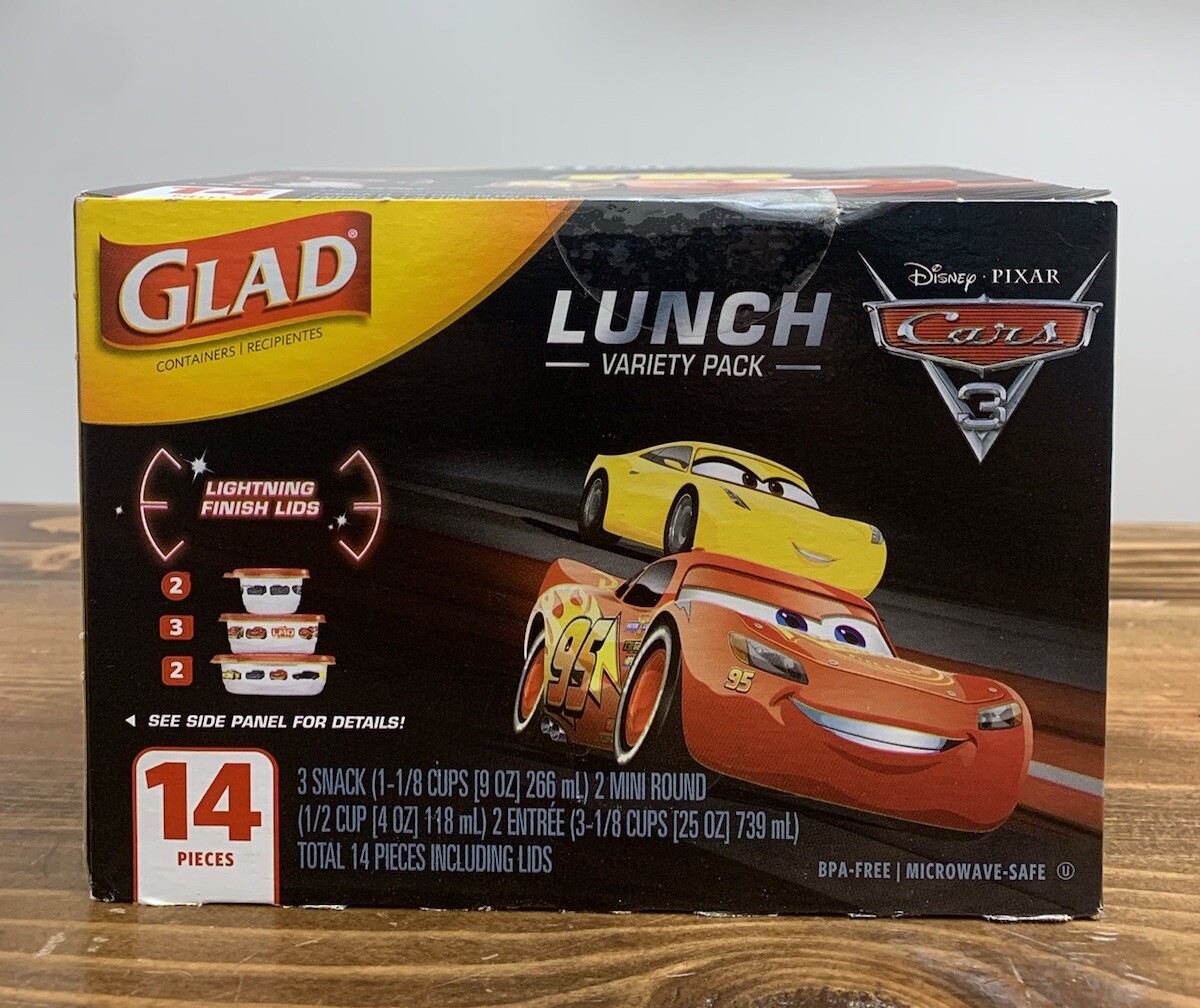 2016 Glad Containers Disney Cars Lightning McQueen Snack Food Lunch 14 Pc New