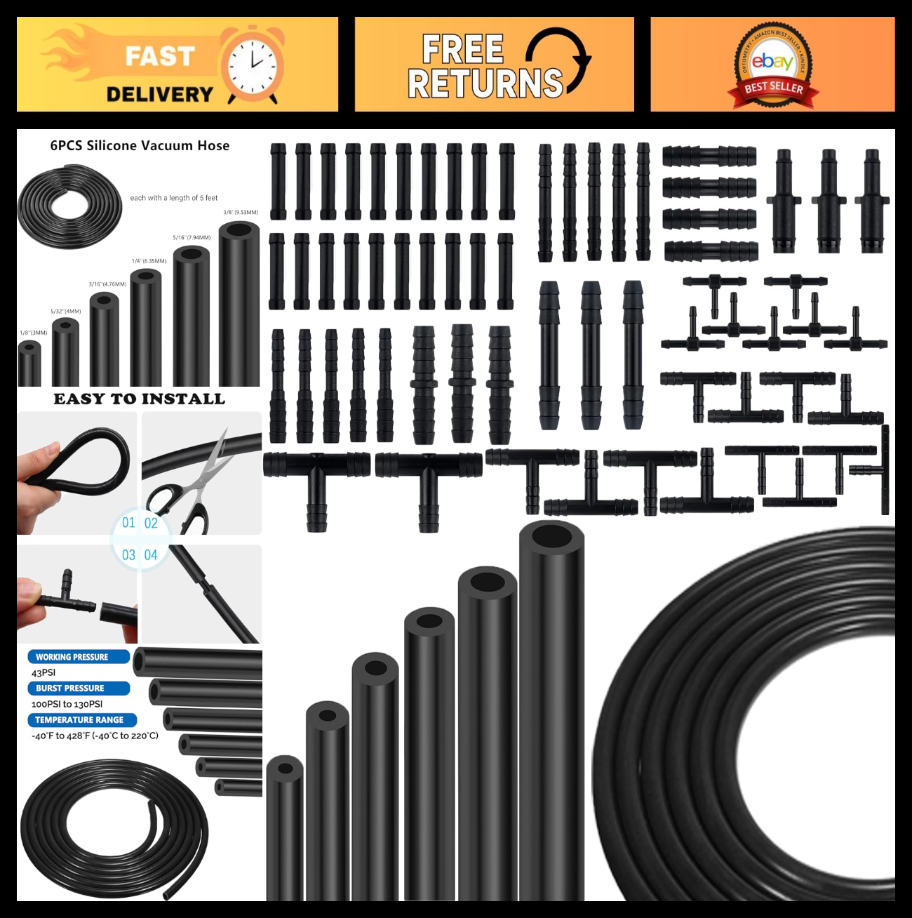 6PCS 5Ft Vacuum Hose Kit with 64 Connectors for Automotive Piping System Replace