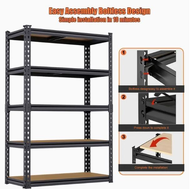 5-Tier Heavy Duty Metal Storage Rack | Garage Shelving & Book Organizer, 2000LBS - Image 3
