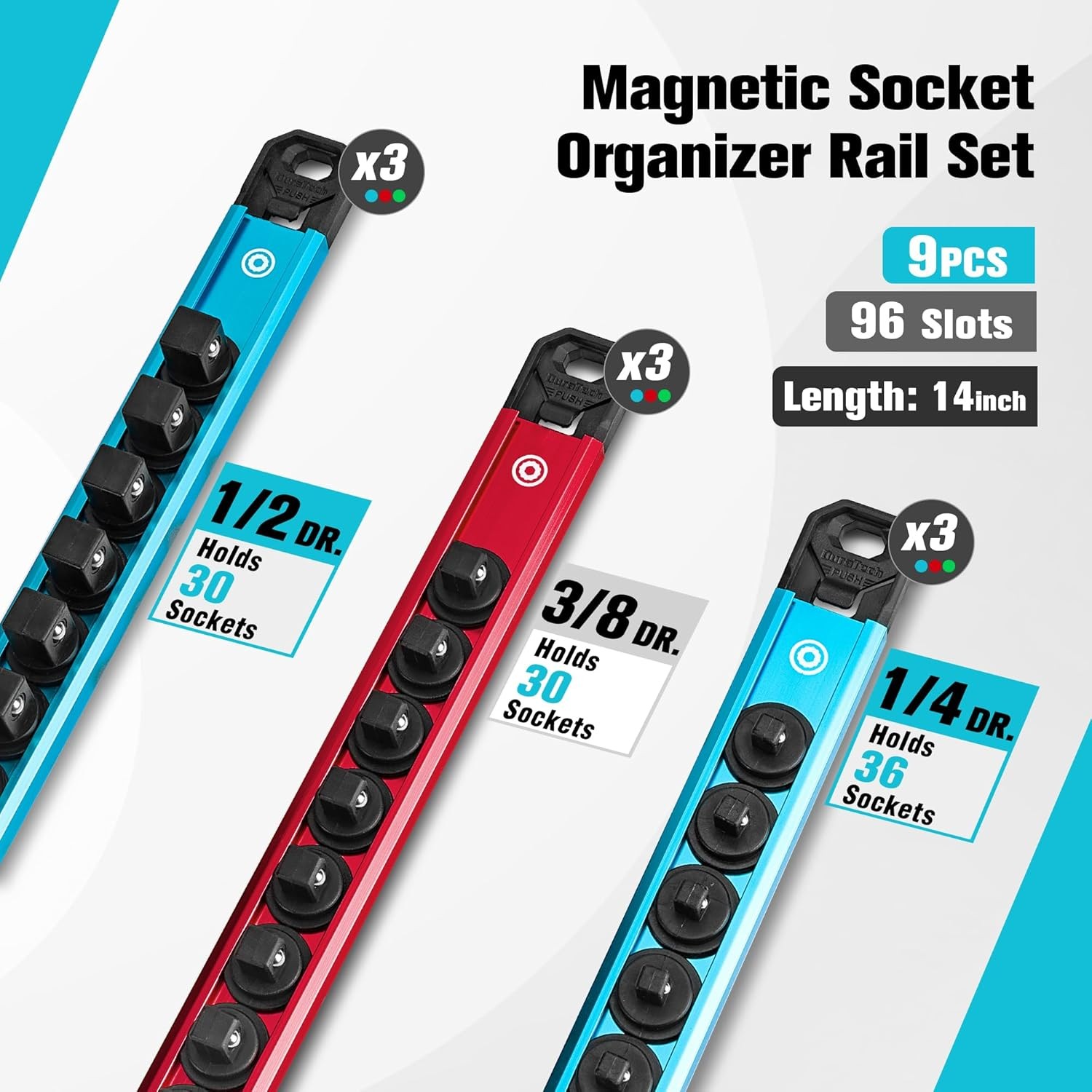 DURATECH 9PCS Magnetic Socket Organizer Set 1/4" 3/8" 1/2" DR Socket Rail Holder - Image 2