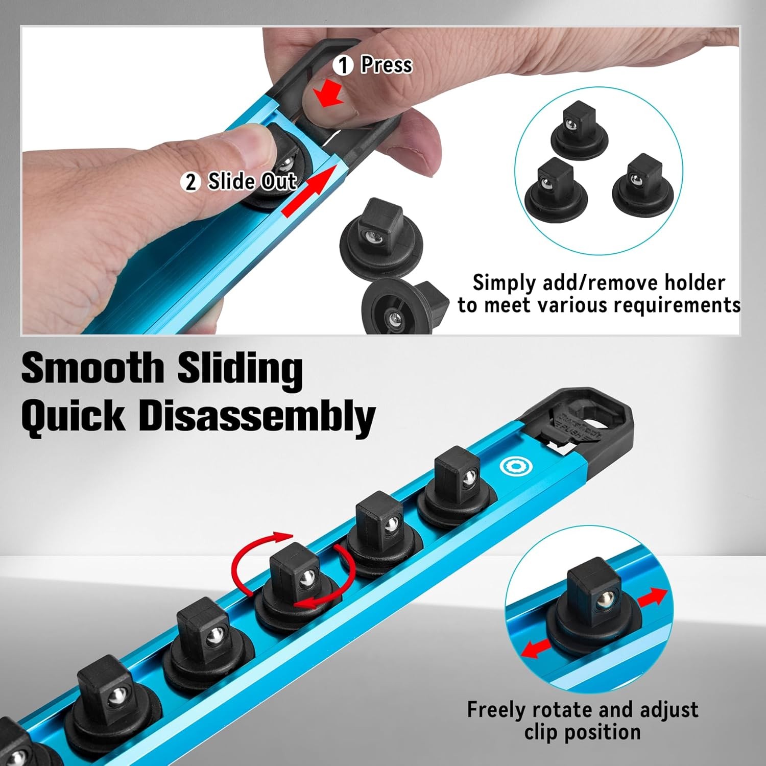DURATECH 9PCS Magnetic Socket Organizer Set 1/4" 3/8" 1/2" DR Socket Rail Holder - Image 3