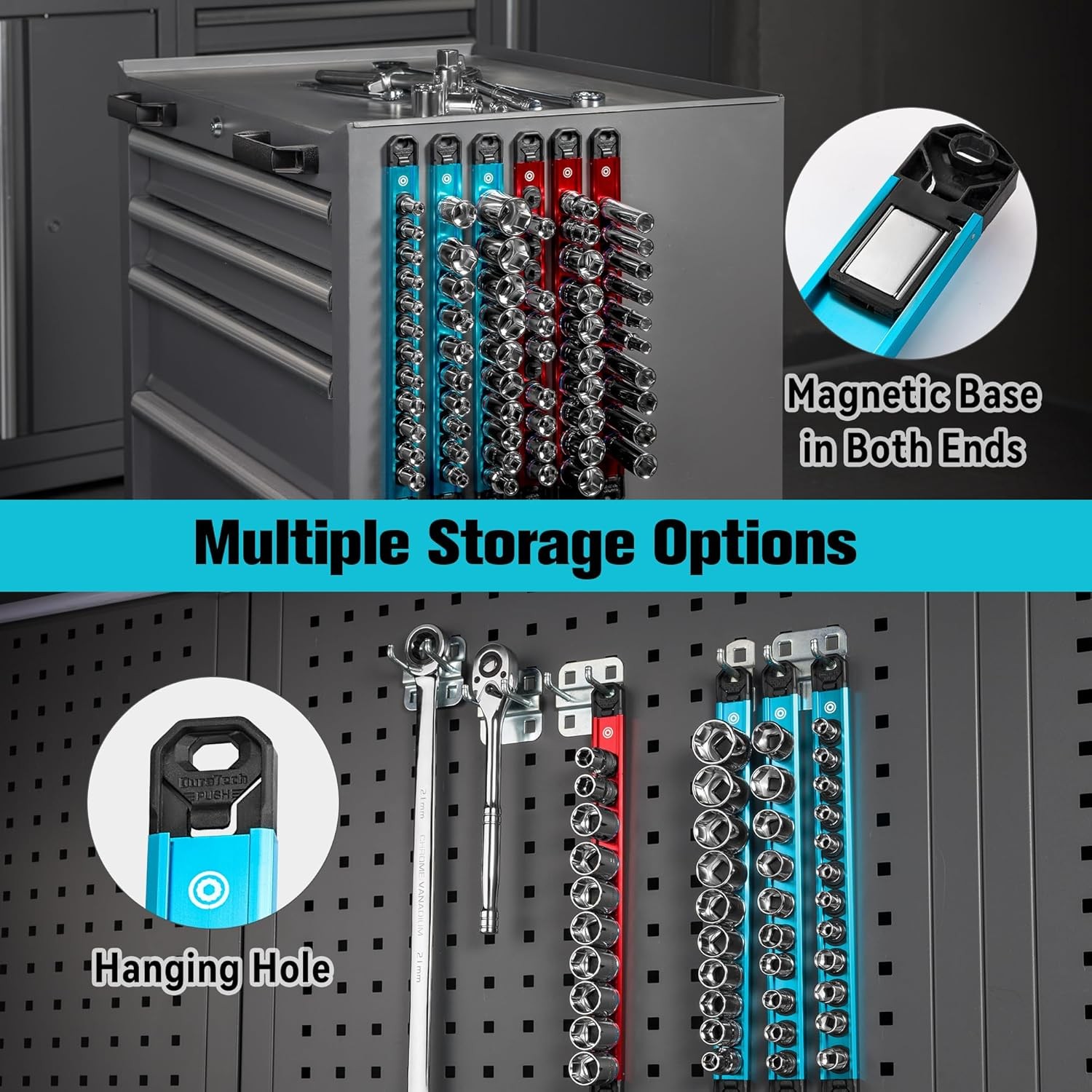 DURATECH 9PCS Magnetic Socket Organizer Set 1/4" 3/8" 1/2" DR Socket Rail Holder - Image 5