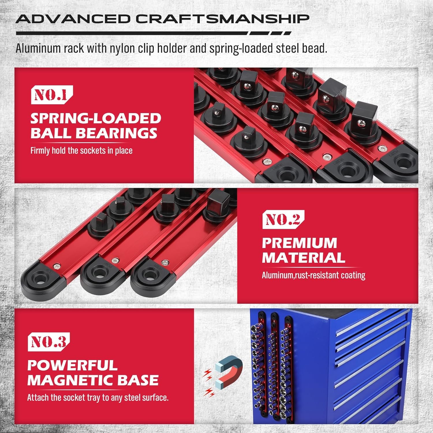 Magnetic Socket Holder Organizer Set: 3/8 Detachable Trays 3/8, Red - Image 3