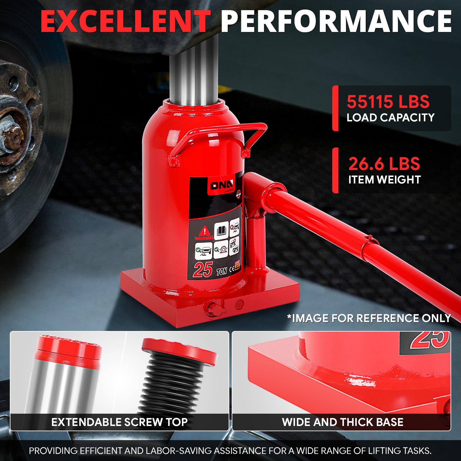 25 Tons Car Repair Steel Adjusted Automotive Hydraulic Welded Bottle Jack Red - Image 2