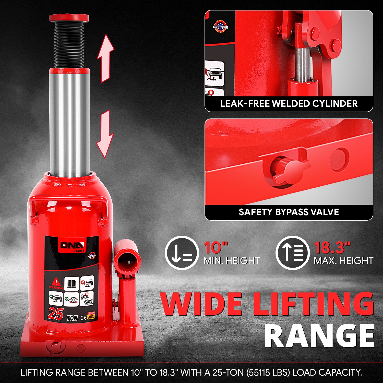 25 Tons Car Repair Steel Adjusted Automotive Hydraulic Welded Bottle Jack Red - Image 3