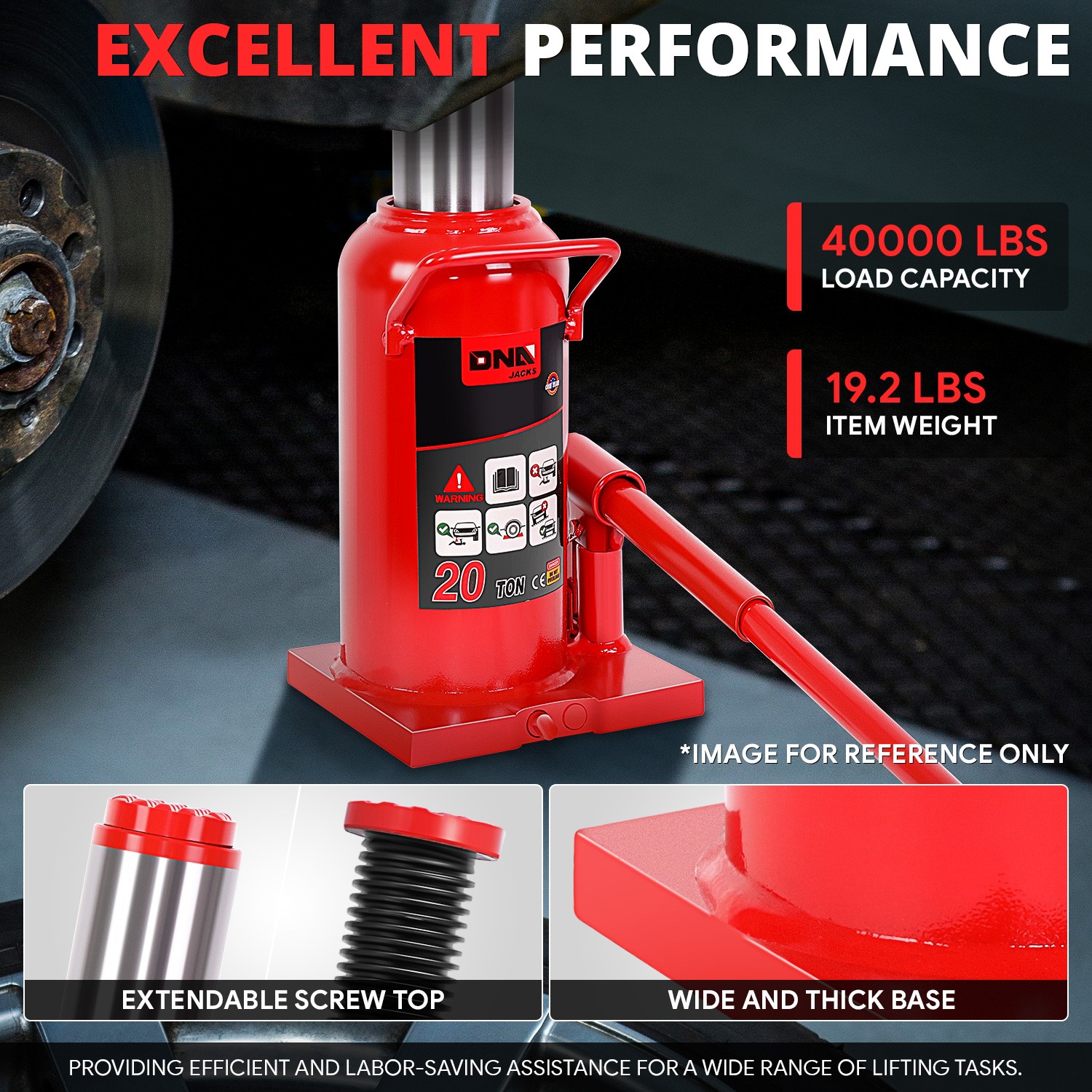 20 Tons Car Repair Steel Adjusted Automotive Hydraulic Welded Bottle Jack Red - Image 2