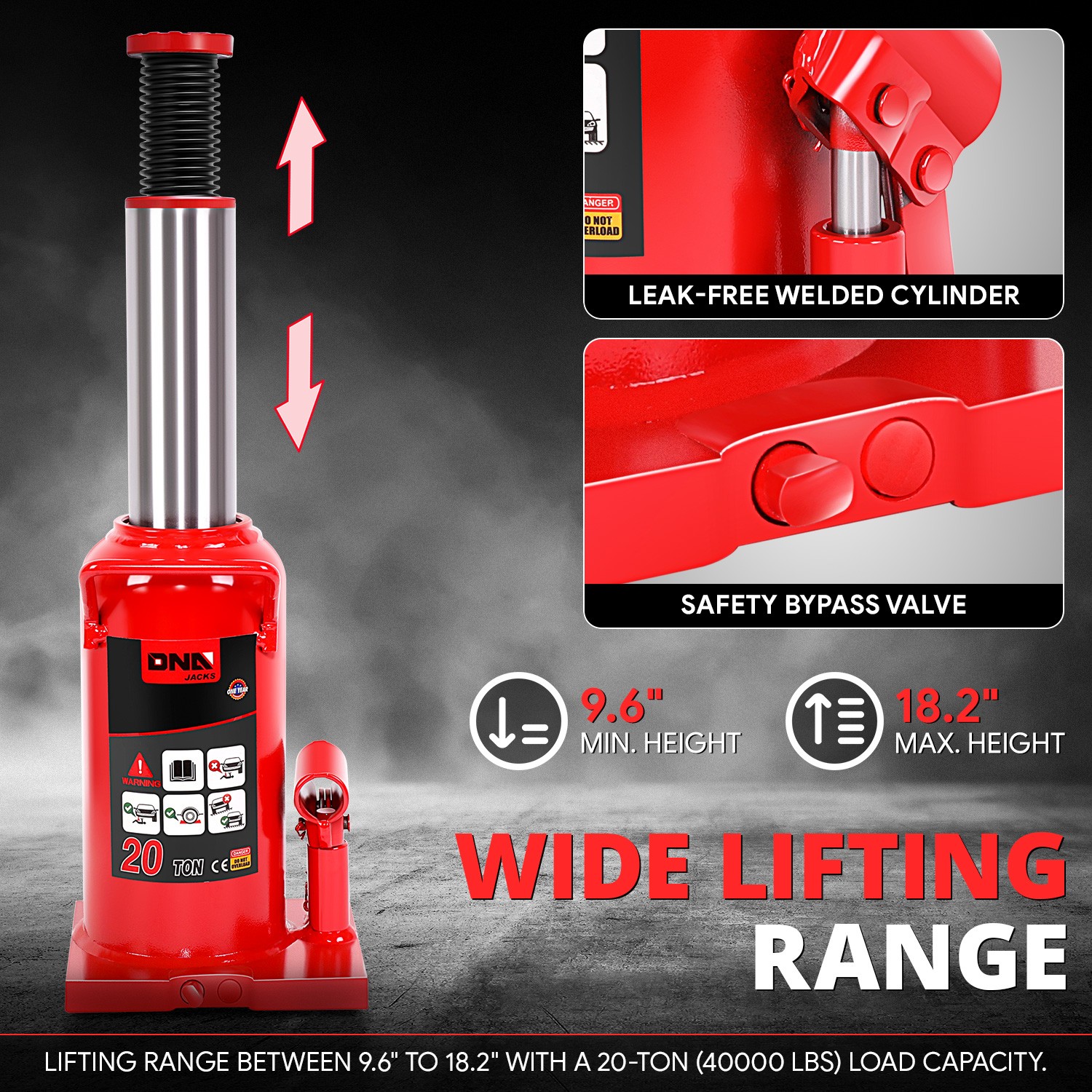 20 Tons Car Repair Steel Adjusted Automotive Hydraulic Welded Bottle Jack Red - Image 3