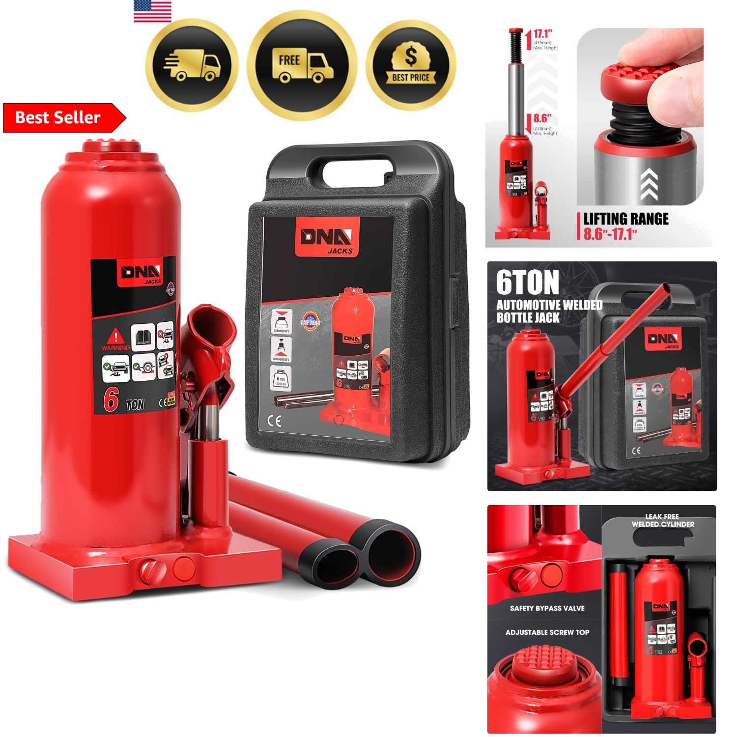 Hydraulic Bottle Jack 6 Tons Lifting Automotive Repair Vehicle Pickup Truck Red
