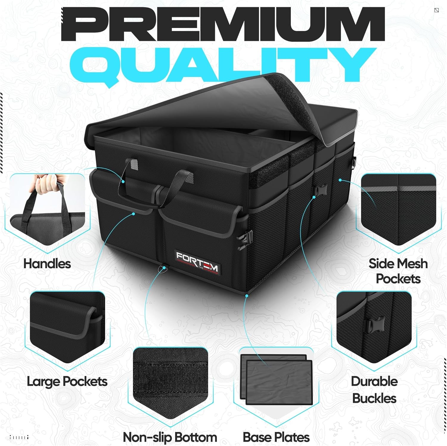 FORTEM Car Trunk Organizer, Collapsible Multi Compartment SUV Medium, Black - Image 2