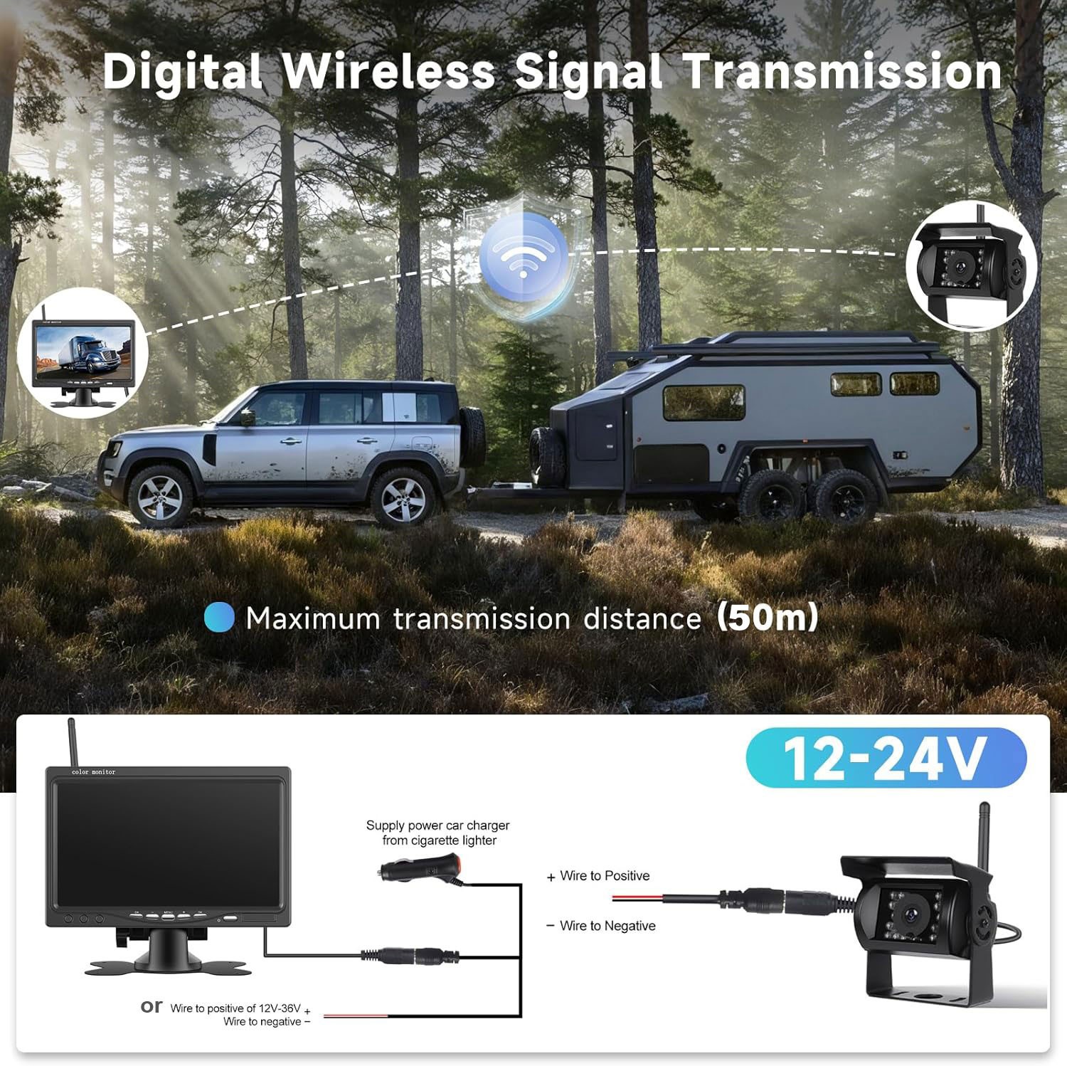 Wireless 7" LCD Monitor IR Rear View Reverse Backup Camera for Truck Caravan RVs - Image 4