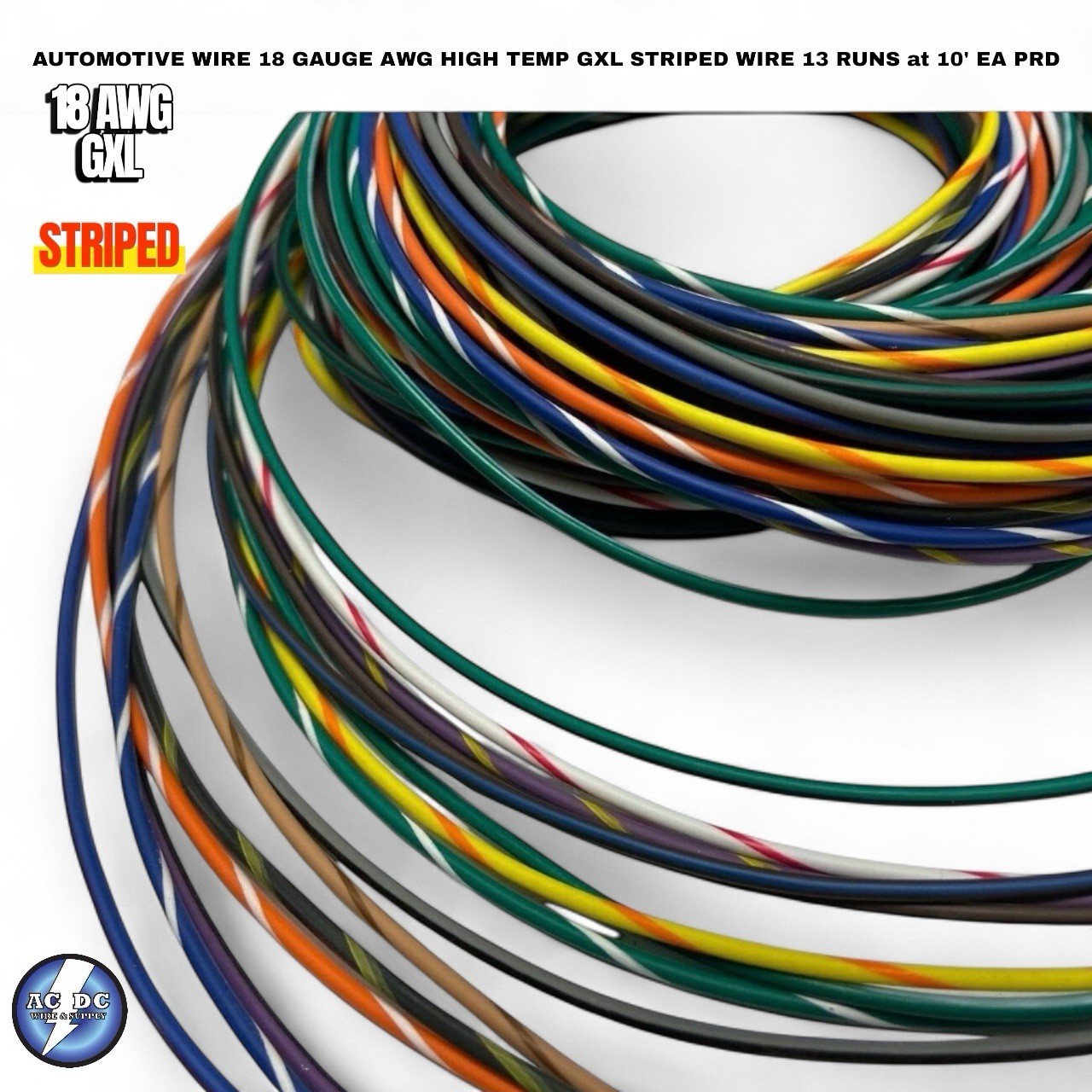 AUTOMOTIVE WIRE 18 GAUGE AWG HIGH TEMP GXL STRIPED WIRE 13 RUNS at 10' EA PRD