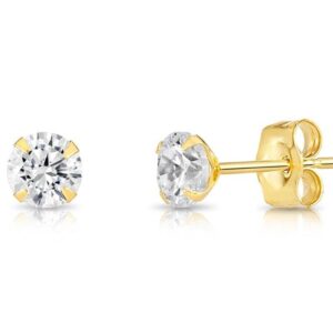 14K Real Solid Gold Solitaire Round CZ Studs Earrings Push-back Stamping 2mm-8mm