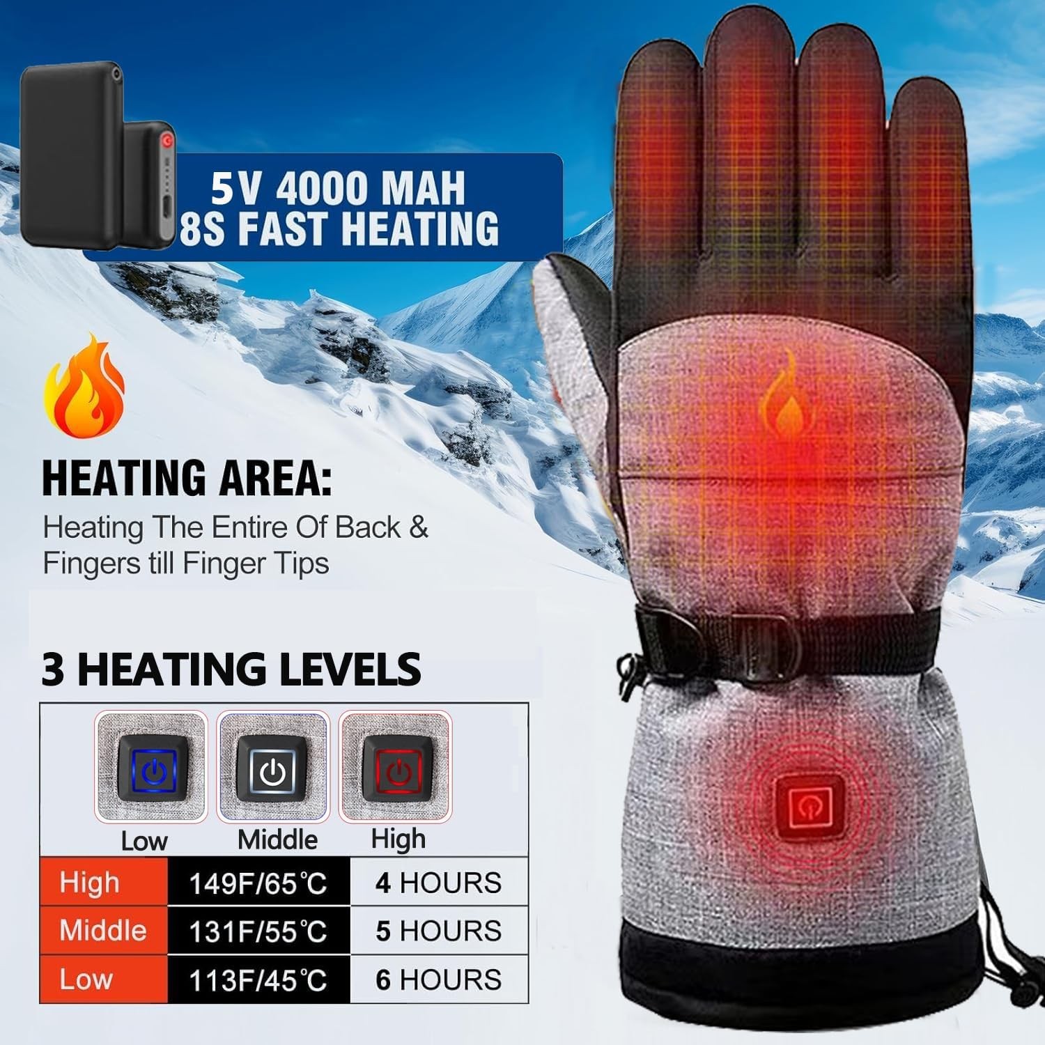 Electric Heated Gloves Rechargeable Battery Hand Warm Windproof Thermal Winter - Image 3