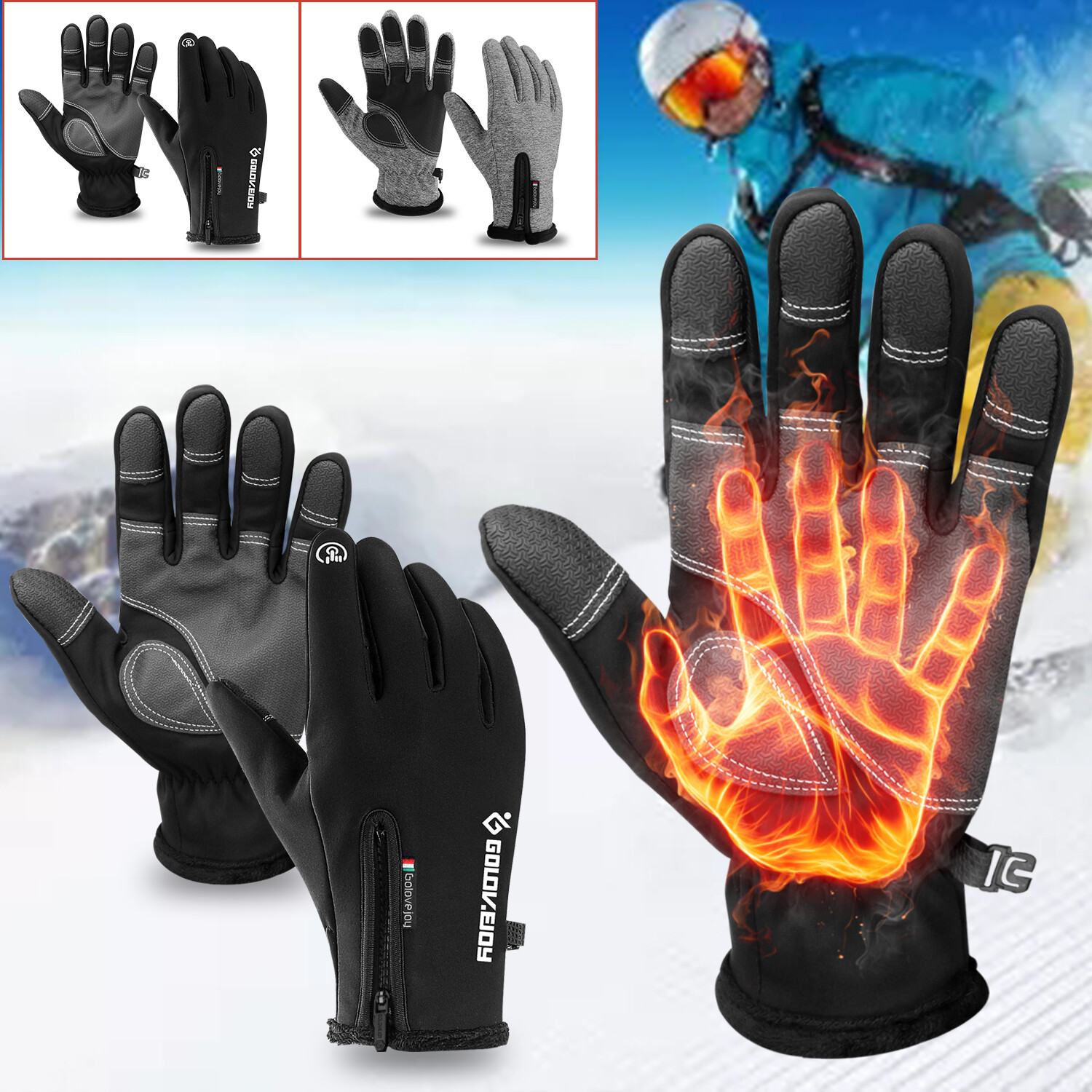 Men Women Winter Thermal Waterproof Windproof Touch Screen Warm Ski Snow Gloves - Image 2