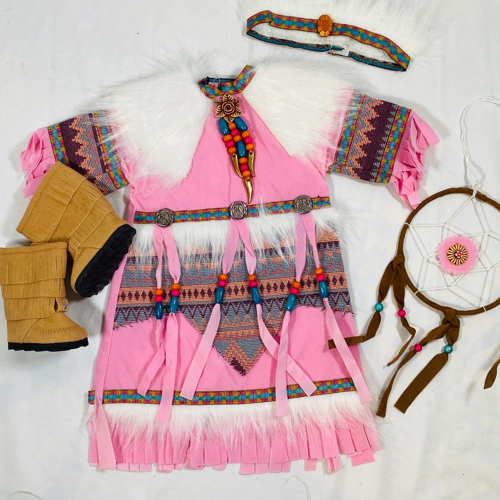 Native American Indian Pink Dress Dreamcatcher Outfit Set for 18" Girl Doll Kaya
