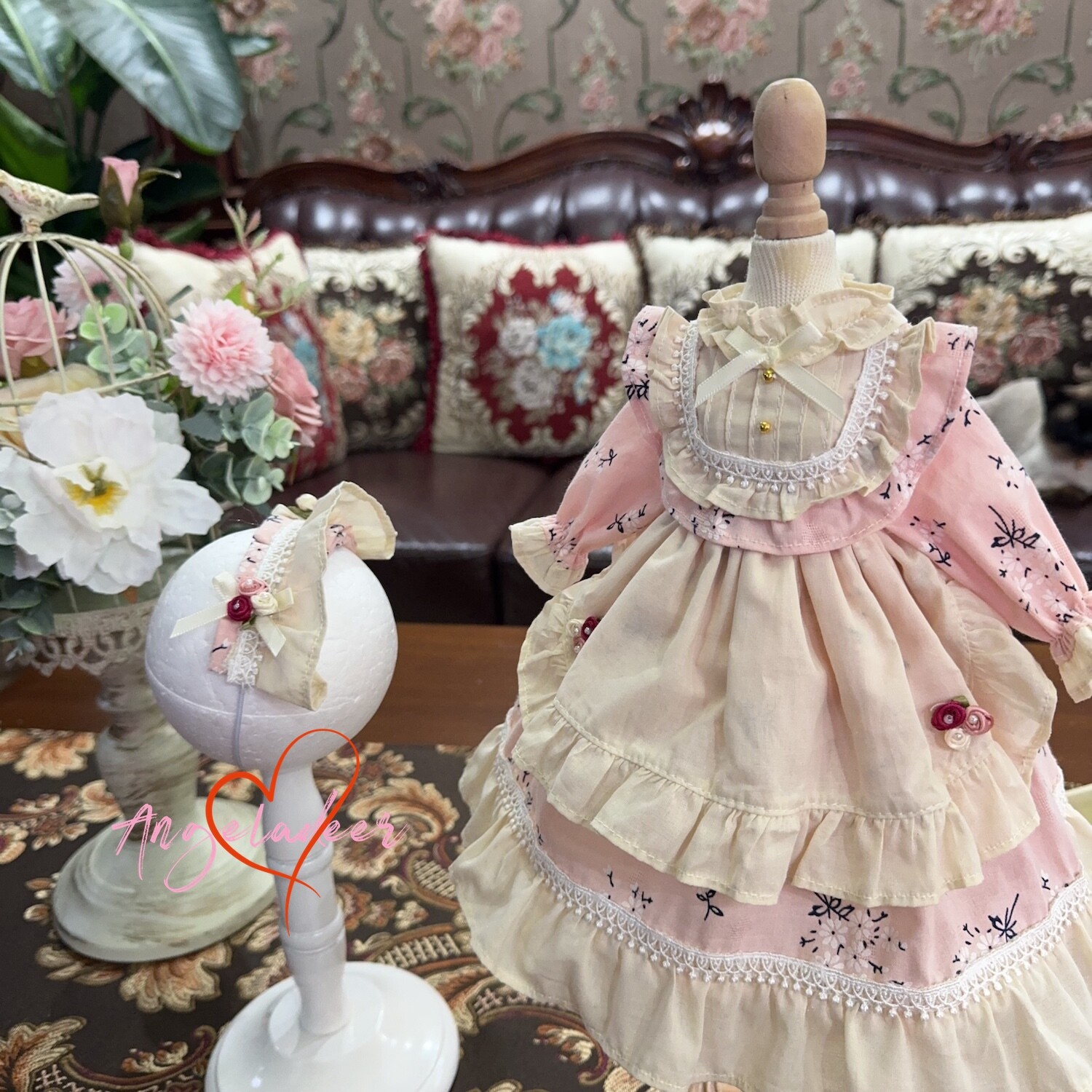 Blythe 1/6 1/4 Puyoo 1/3 BJD Clothes Beige Apron Floral Pink Dress + Headwear
