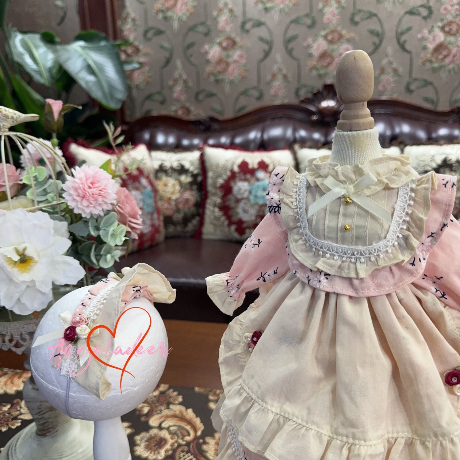 Blythe 1/6 1/4 Puyoo 1/3 BJD Clothes Beige Apron Floral Pink Dress + Headwear - Image 2