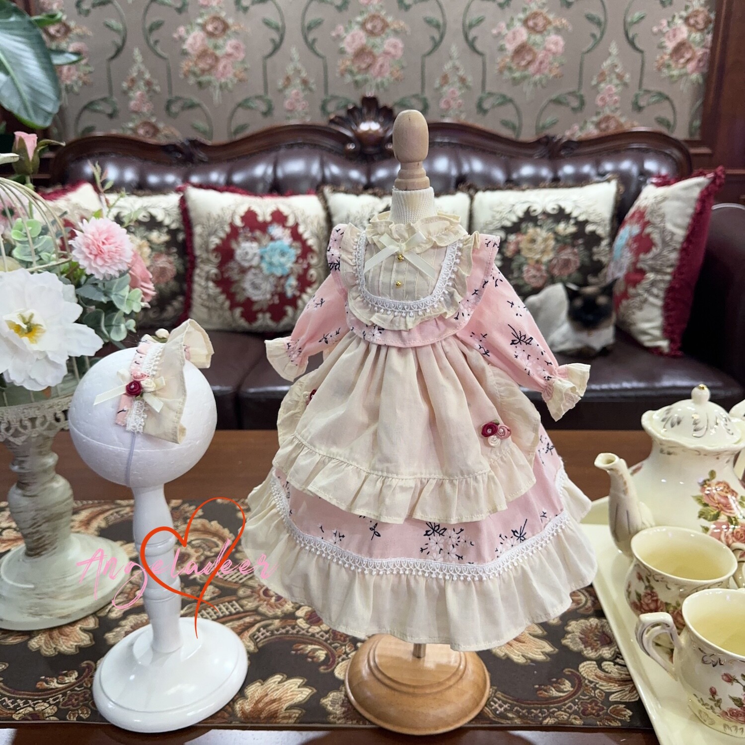 Blythe 1/6 1/4 Puyoo 1/3 BJD Clothes Beige Apron Floral Pink Dress + Headwear - Image 3