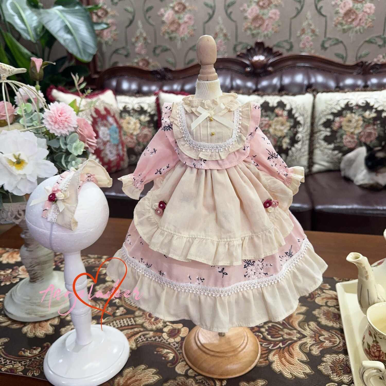 Blythe 1/6 1/4 Puyoo 1/3 BJD Clothes Beige Apron Floral Pink Dress + Headwear - Image 4