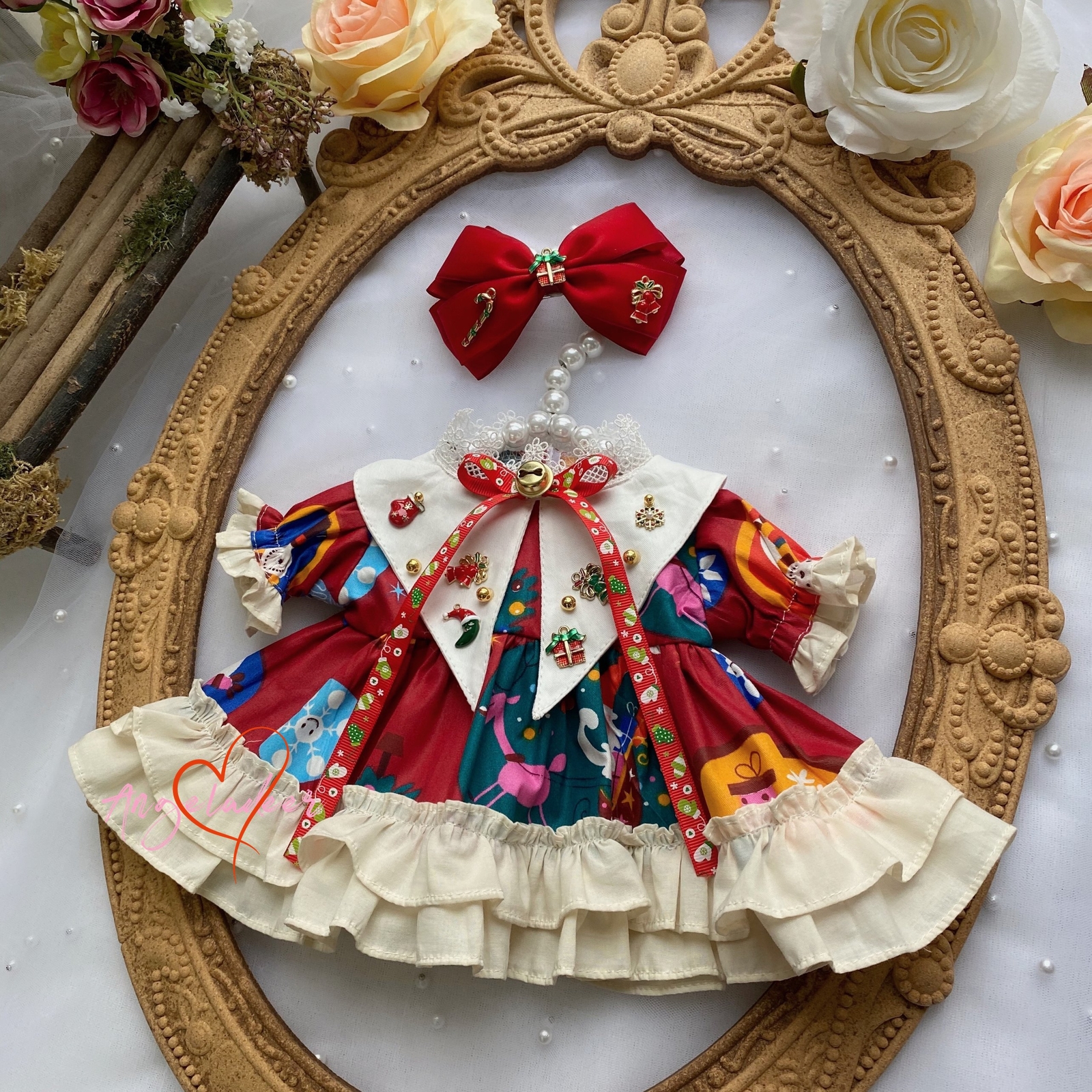 Lolita Christmas Dress+Headwear Red+White for Blythe OB24 1/6 1/4 1/3 BJD Doll