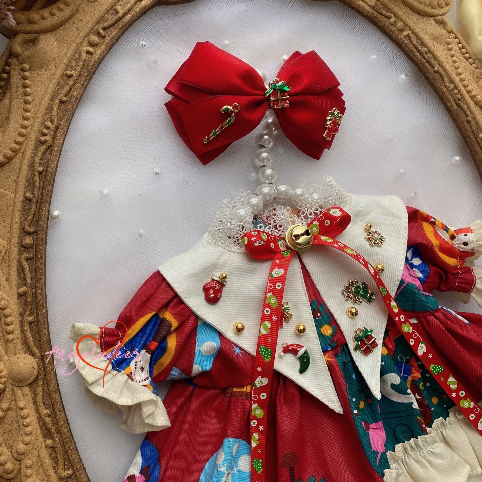 Lolita Christmas Dress+Headwear Red+White for Blythe OB24 1/6 1/4 1/3 BJD Doll - Image 2